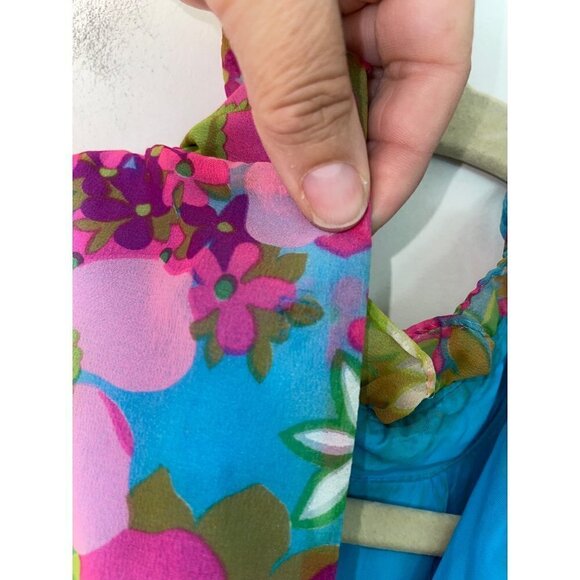 Vintage Floral Maxi Dress Size Small Pink Blue Ruffle Trim High Neck Tiered - Picture 8 of 16